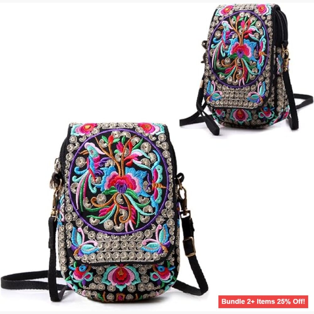 Mini Canvas Crossbody Bag with Embroidered Floral Design, Adjustable Strap